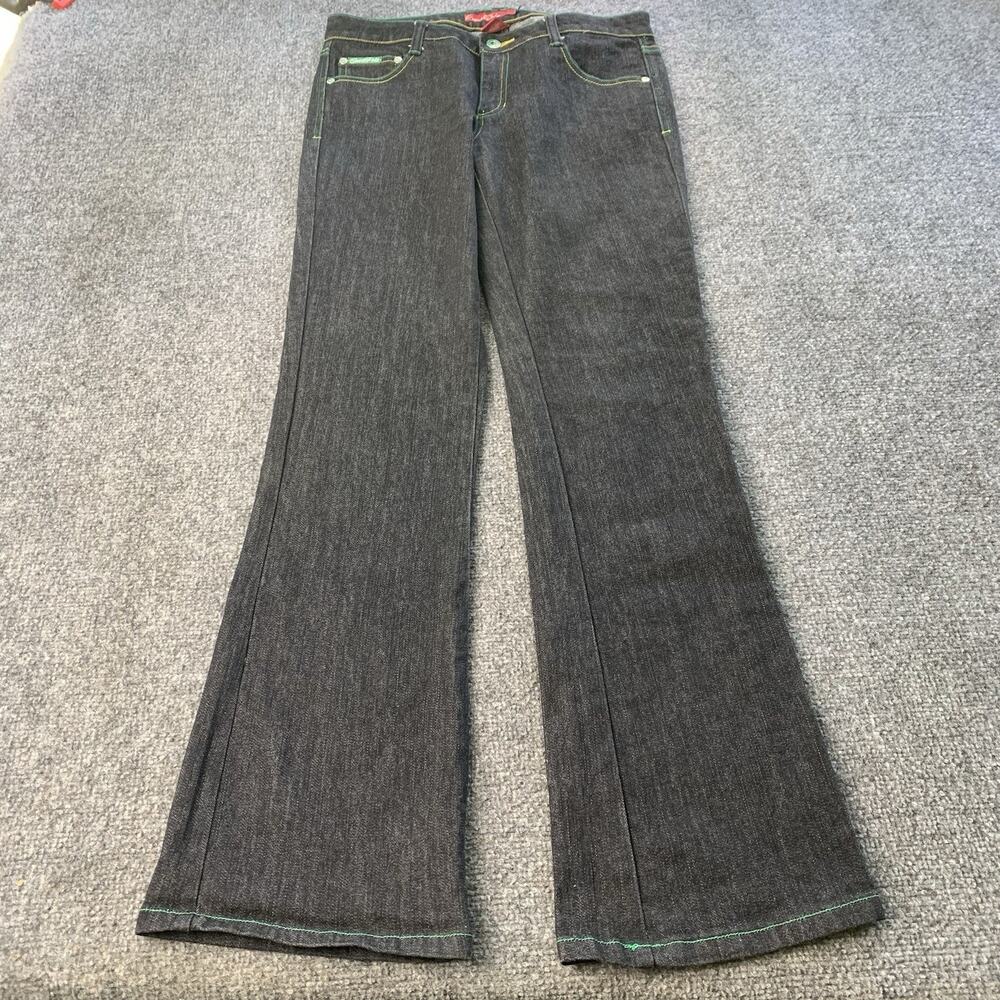 Southpole Jeans Womens 9 (30x32.5) Blue Mid Rise Flared Embroidered Dark Denim